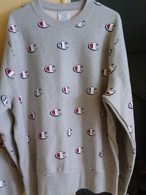 Champion Gray Crewneck Sweatshirt with Red & Navy Logo Print